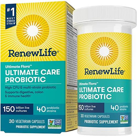 Renew Life Ultimate Flora Ultimate Care Probiotic 150 Billion Live Cultures 40 Probiotic Strains-30 Vegetarian Capsules