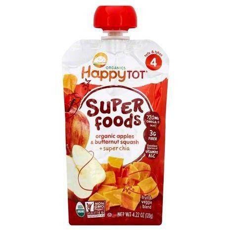 Happy Tot Organics Fruit & Veggie Blend, Organic Apples & Butternut Squash + Super Chia, 4 (Tots & Tykes) - 4.22 Ounces