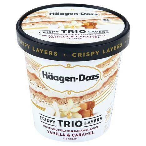 Haagen Dazs Trio Crispy Layers Ice Cream, White Chocolate & Caramel Sauce, Vanilla & Caramel - 14 Ounces