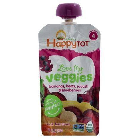 Happy Tot Organics Veggie & Fruit Blend, Love My Veggies, Bananas, Beets, Squash & Blueberries, 4 (Tots & Tykes) - 4.22 Ounces